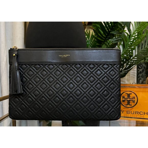 Tory Burch Black Quilted Leather Fleming Slim Zip Clutch With Tassel - Picture 1 of 8
